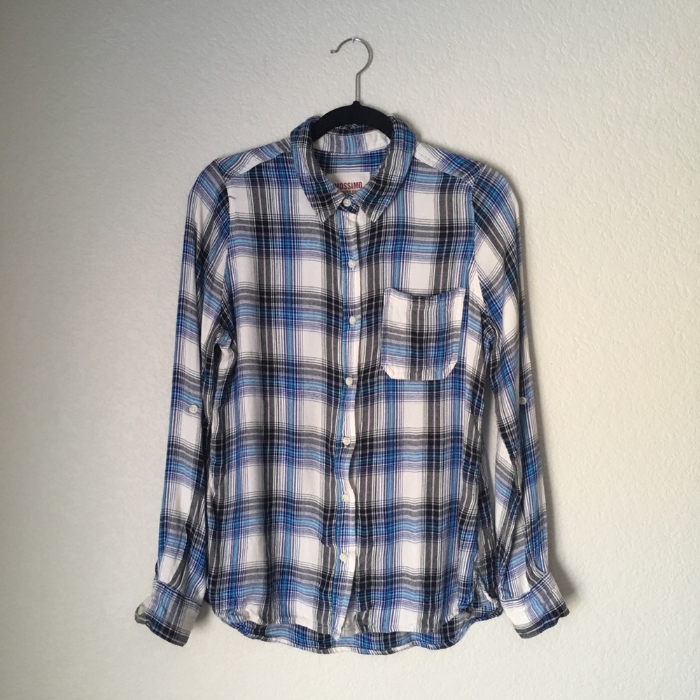 Mossimo Blue Plaid Button Down Shirt L